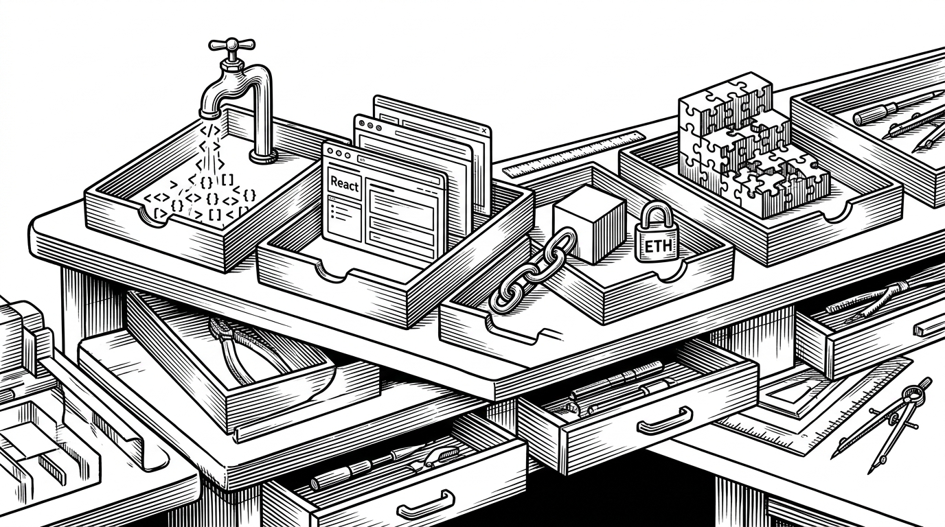 A wide editorial scene of an open workbench split into several practice stations, each holding a different tool or object. It shows how the repository works like a syllabus, with one desk supporting many kinds of technical repetition.