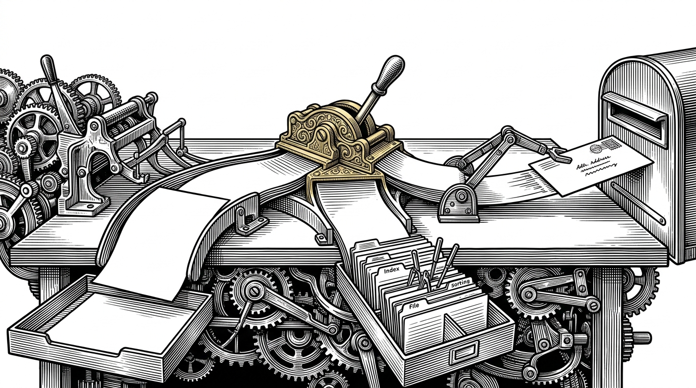 A wide black ink illustration of a workbench with one central switch routing documents into three distinct channels: a plain sheet, a stack of structured cards, and a sealed envelope. It shows how one fetch pipeline can read text, parse JSON, and send a POST body.