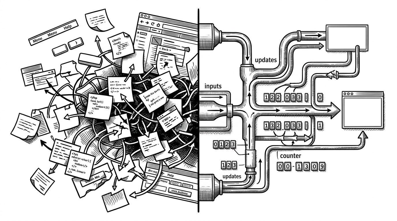 A split editorial illustration showing two ways of building a budgeting UI. One side is tangled with loose sticky notes and disconnected arrows, while the other side uses clean channels and labeled control paths to move updates through the app. The contrast explains what frameworks hide and what the repo makes explicit.