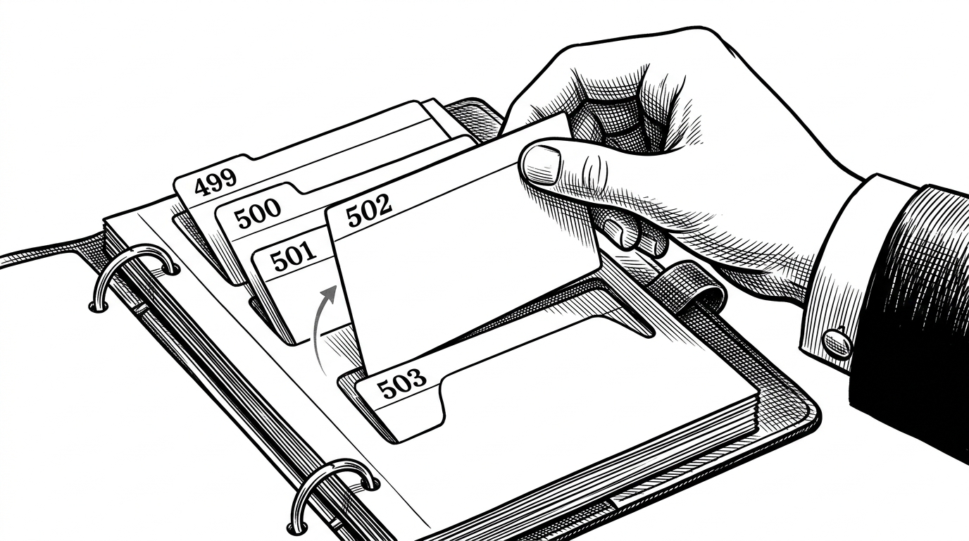 A medium-close editorial illustration of numbered cards being appended to a ledger, with the newest card lifted to reveal the next number stamped beneath it. The image explains why the app can generate simple local IDs without a database and still keep the list consistent.
