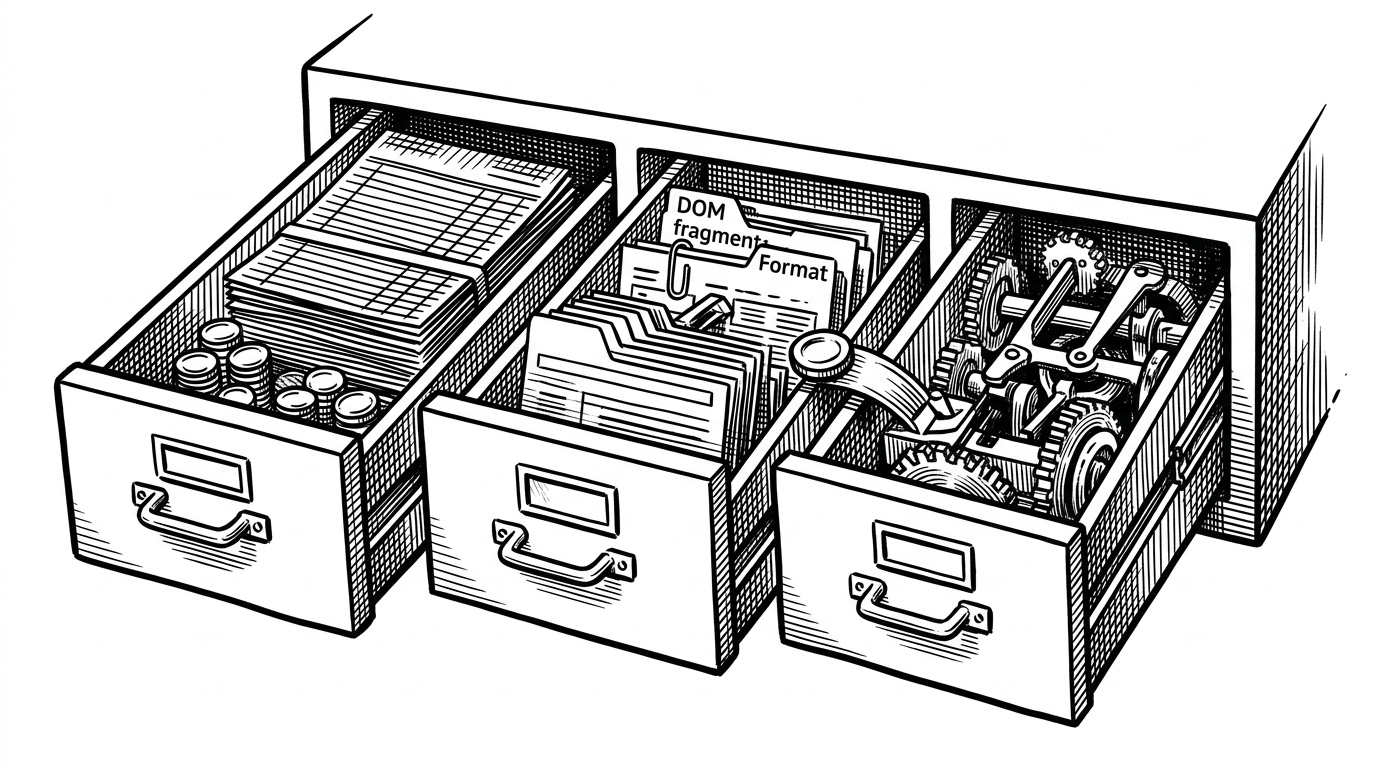 A close-up editorial illustration of three interlocking mechanical drawers, each with different contents and moving parts. One drawer holds ledger sheets, one holds DOM fragments, and one carries the gears that route events between them, showing how the app separates responsibilities without a framework.
