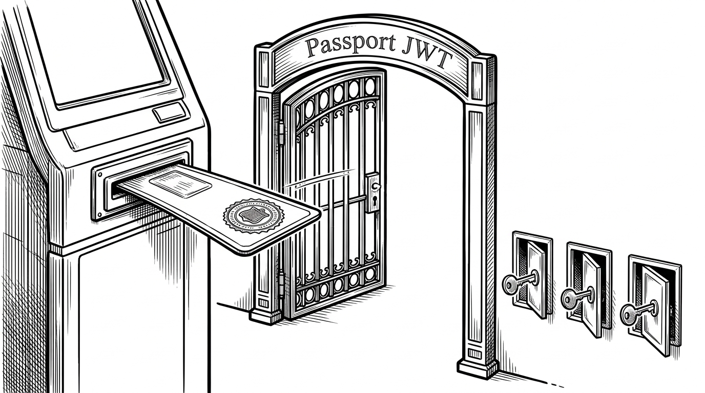 A close-up of a token leaving a login terminal and passing through a Passport JWT gate to open several route doors, with no session room behind it. The image explains how stateless authentication lets one signed token unlock protected API routes.