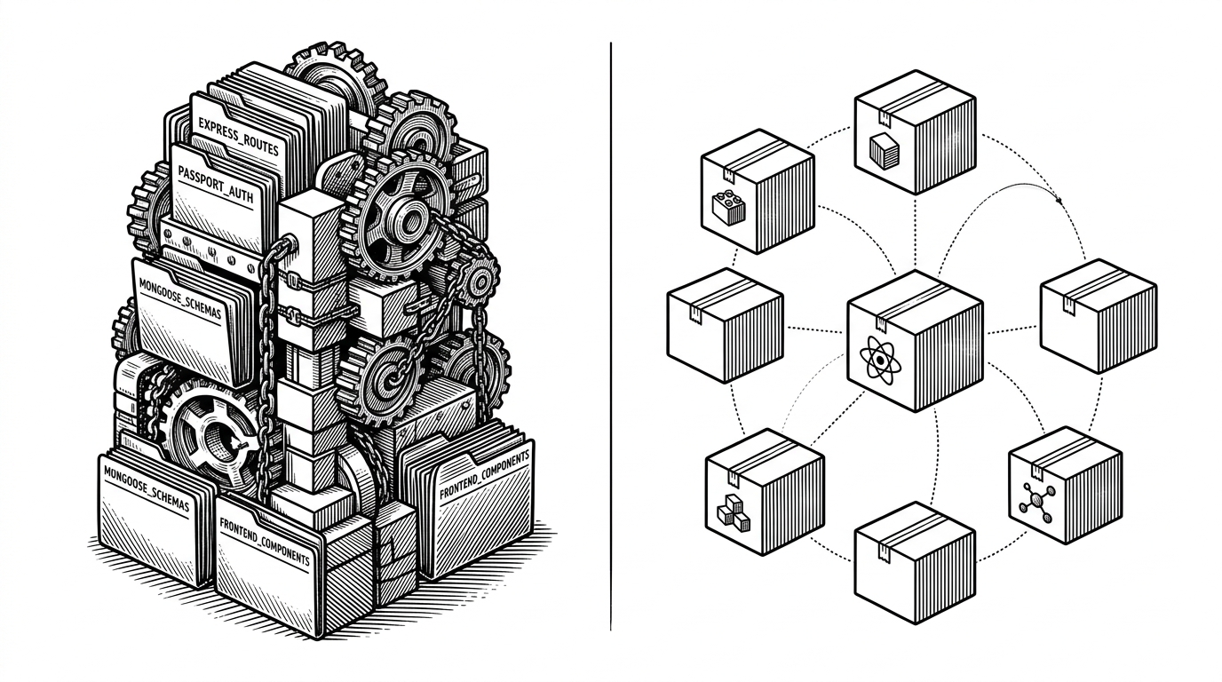 A split workspace comparison shows a classic MERN monolith on one side and a more modern modular product stack on the other. The left side includes Express routes, Passport, Mongoose, and frontend pieces that sit close together. The right side uses thinner boundaries and more separated deployment shapes. The image explains the project’s place in the evolution of full-stack JavaScript.