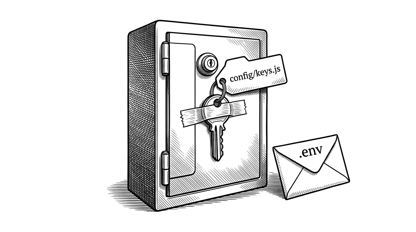 A locked database vault with a key taped to the outside of the door. A file labeled config/keys.js hangs beside it, while a separate envelope marked .env sits unused nearby. The image explains how hardcoded credentials defeat the point of secrets management.