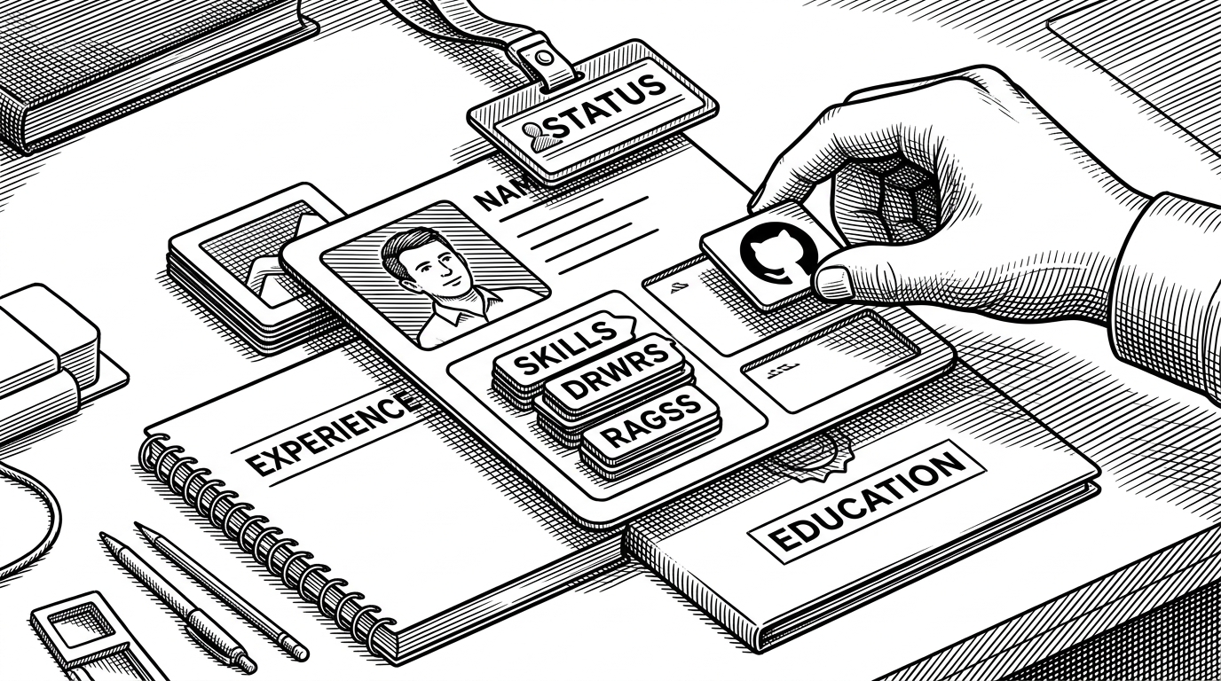 A workbench scene where a developer identity is assembled from separate labeled parts: a status tag, skill chips, an experience notebook, an education folder, and a GitHub tile locking into a profile card. The image explains that DevSocial is built around a structured profile object rather than a generic feed.
