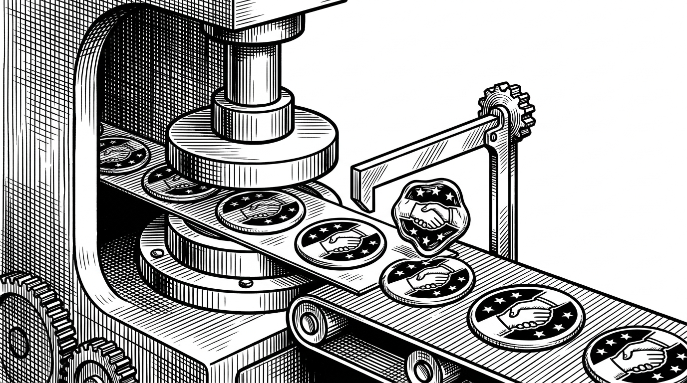 A factory press stamps identical campaign badges from a single mold, while one malformed badge is stopped by a metal gate before it reaches the output belt. The image explains why standardized deployment reduces the risk of malicious lookalike contracts.