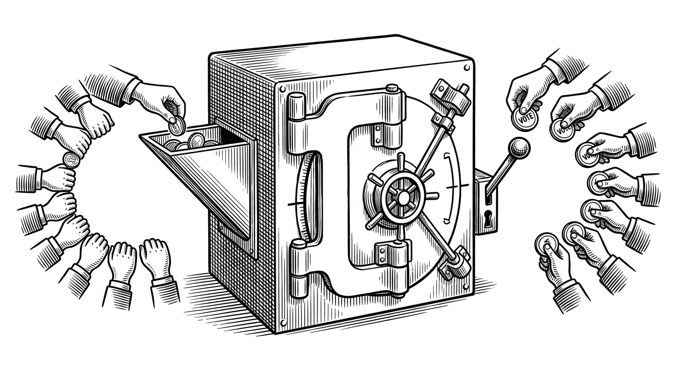 A mechanical vault sits in the center while one group of hands feeds coins into it and another group holds voting tokens above a locked lever. The scene explains that funding alone does not release money. Contributors must also approve spending before the vault opens.