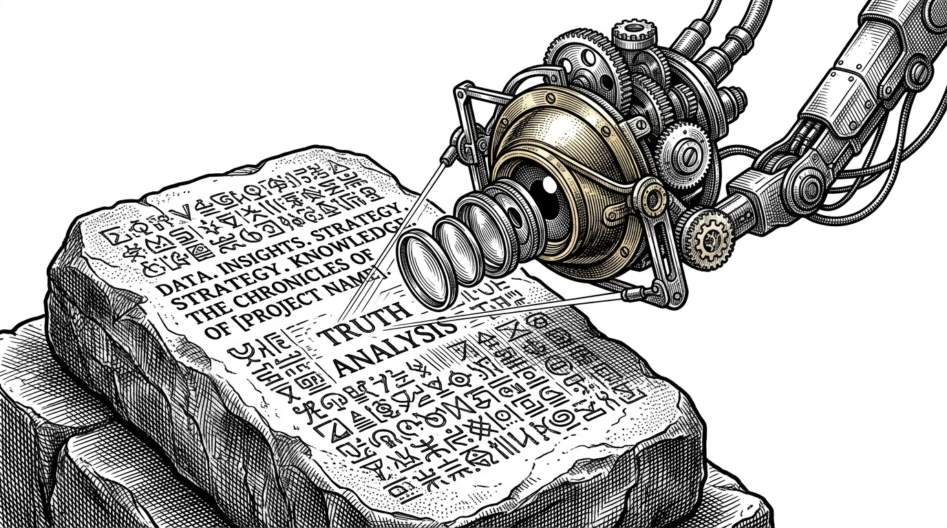 A close-up of a heavy, etched stone tablet being scanned by a mechanical brass eye equipped with a complex series of rotating magnifying lenses. This represents the ABI translating raw blockchain bytecode into readable JavaScript.