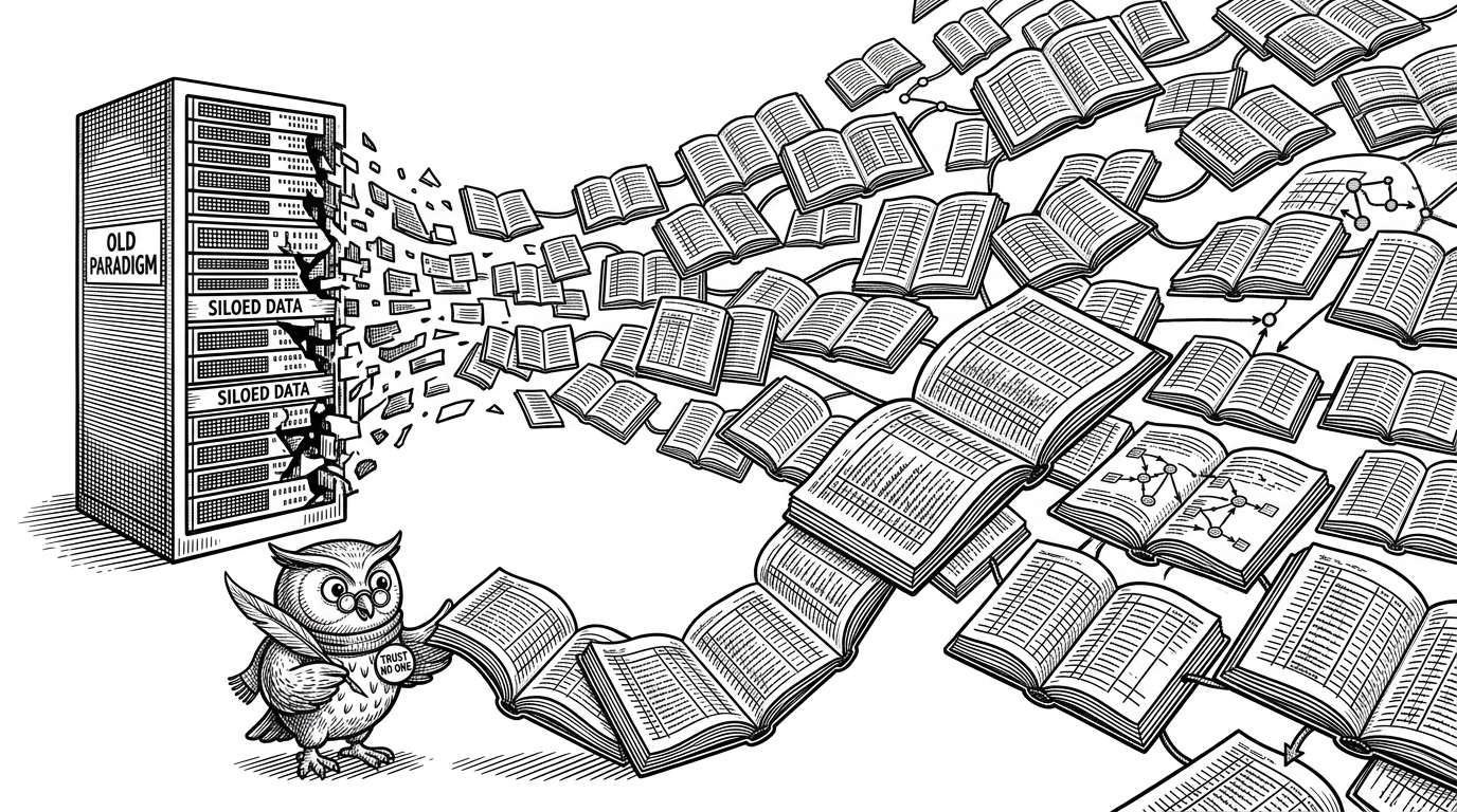 A traditional server rack dissolving into a massive, interconnected web of identical ledger books. This represents the shift from centralized monolithic backends to decentralized blockchain state.