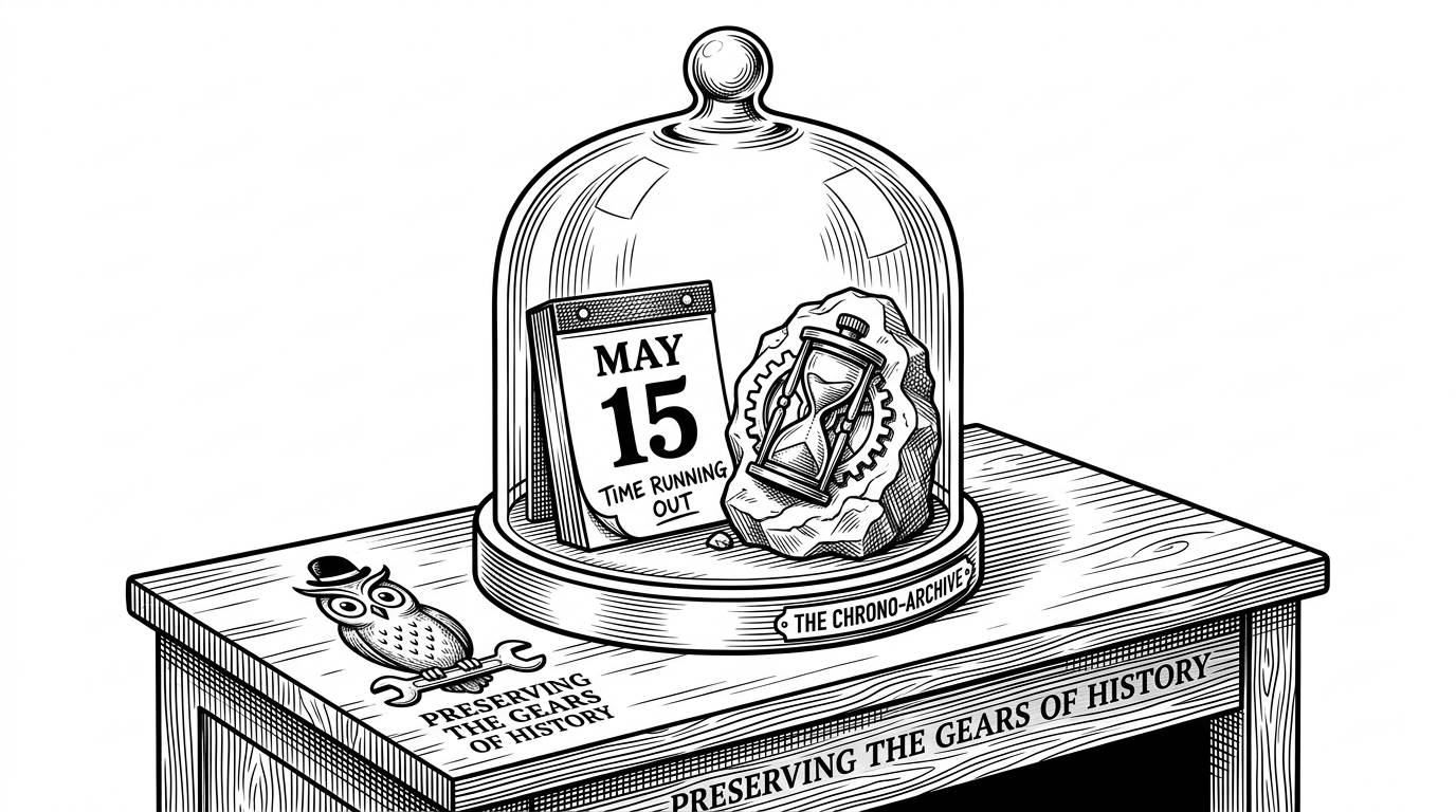 A glass laboratory bell jar resting on a wooden desk. Inside the jar sits a vintage daily calendar page next to a fossilized mechanical gear mechanism partially embedded in rock. This symbolizes out-of-date but historically important code.