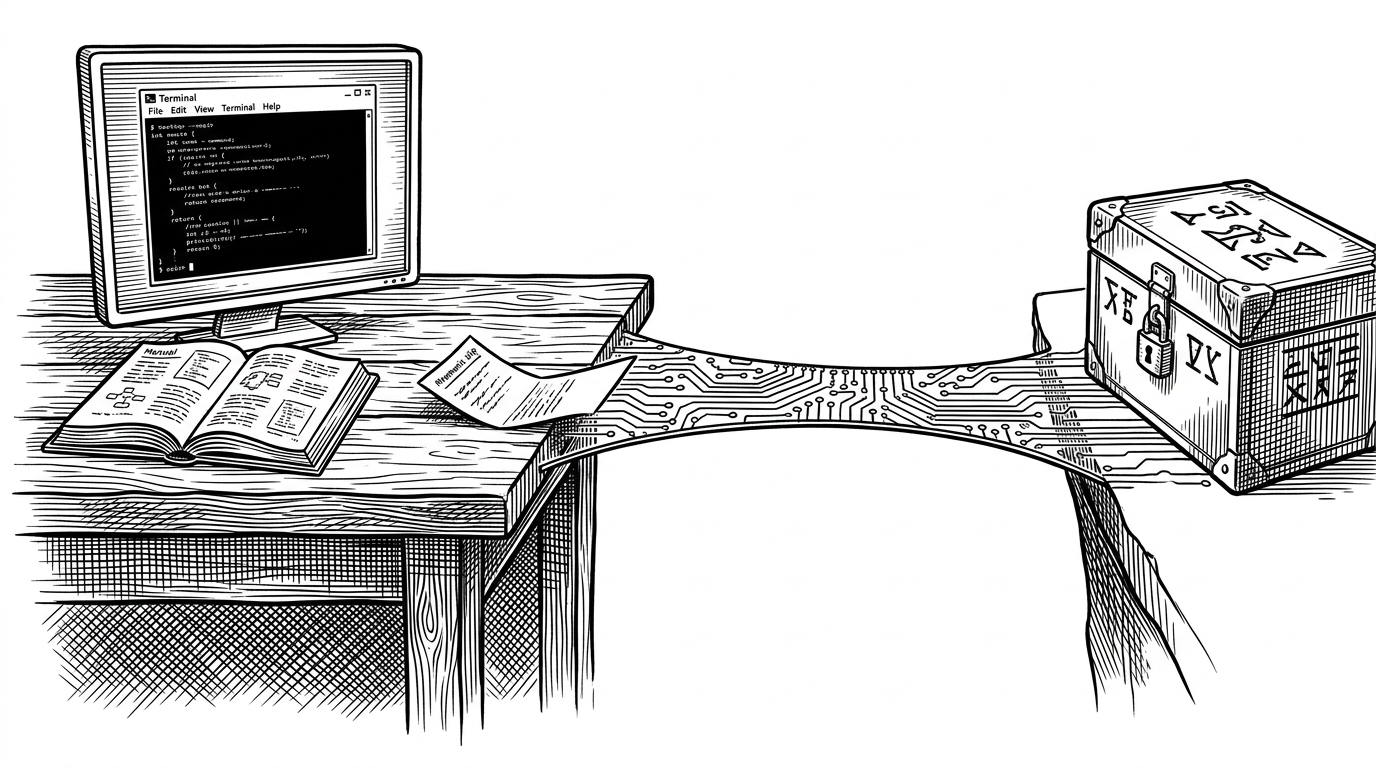 A desk holds a terminal window, a deployment script, and a folded paper mnemonic slip moving toward a network bridge that leads to a sealed contract on a public chain. The image explains the repo's manual deployment flow and why secret handling belongs in the workflow, not in source files.
