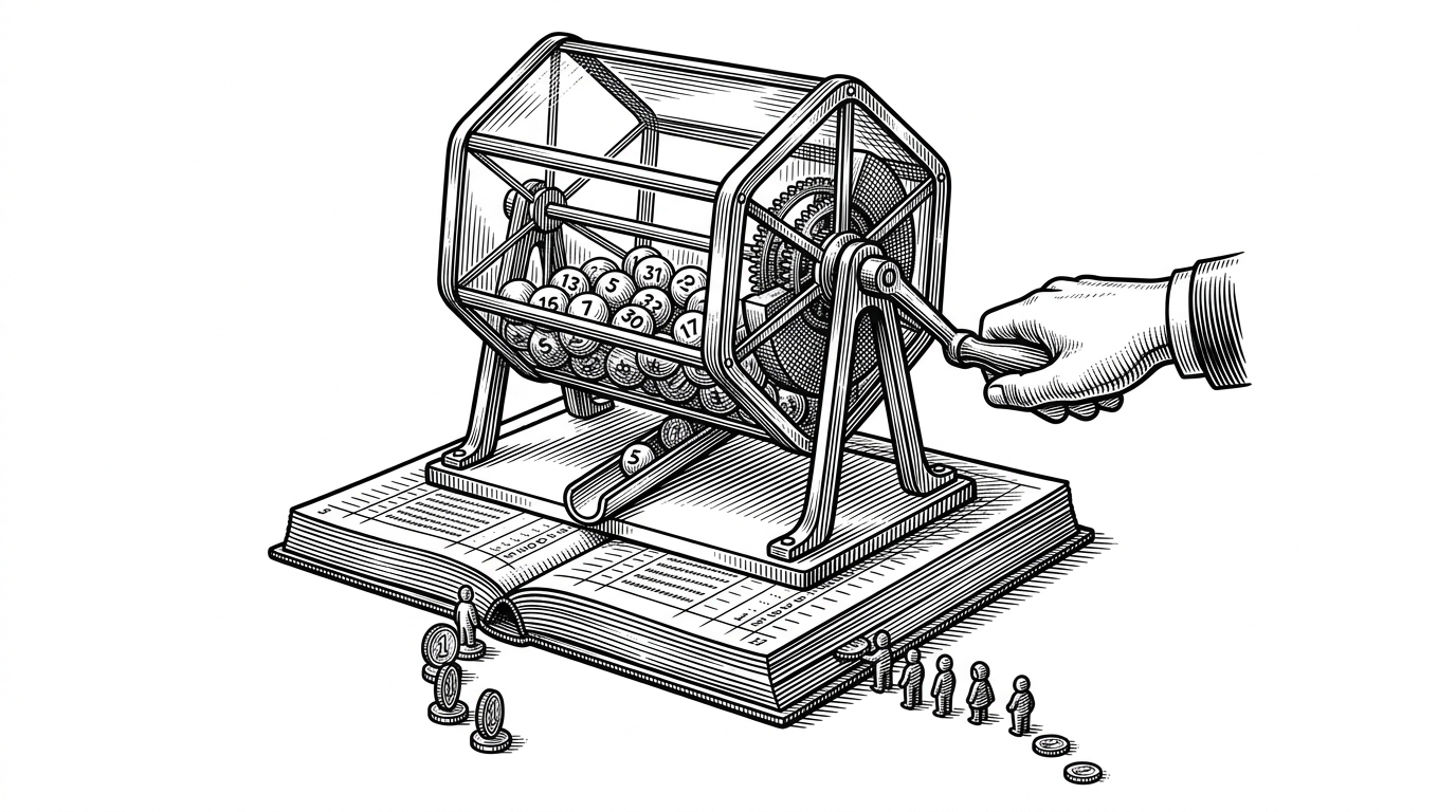 A brass lottery machine sits on top of a ledger-like blockchain base, with player tokens queued below and a manager hand on the lever. The image explains the article's central idea: a lottery can look fair while still hiding control in the mechanism.