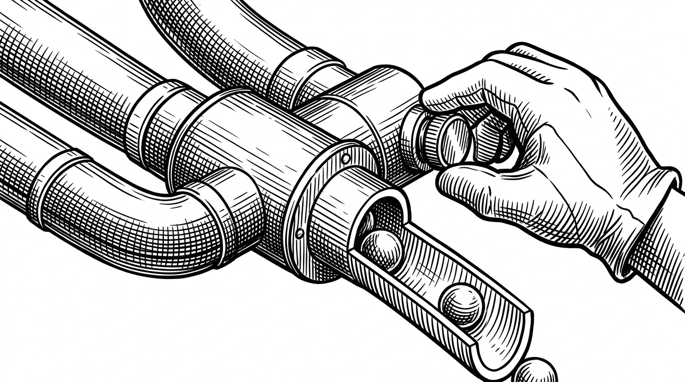 A close-up view shows three conduits feeding into a hashing chamber, with one control dial nudged by a miner's hand and a narrow chute marked by a single winner outcome. The illustration explains why block-derived values can create the appearance of randomness without providing real unpredictability.
