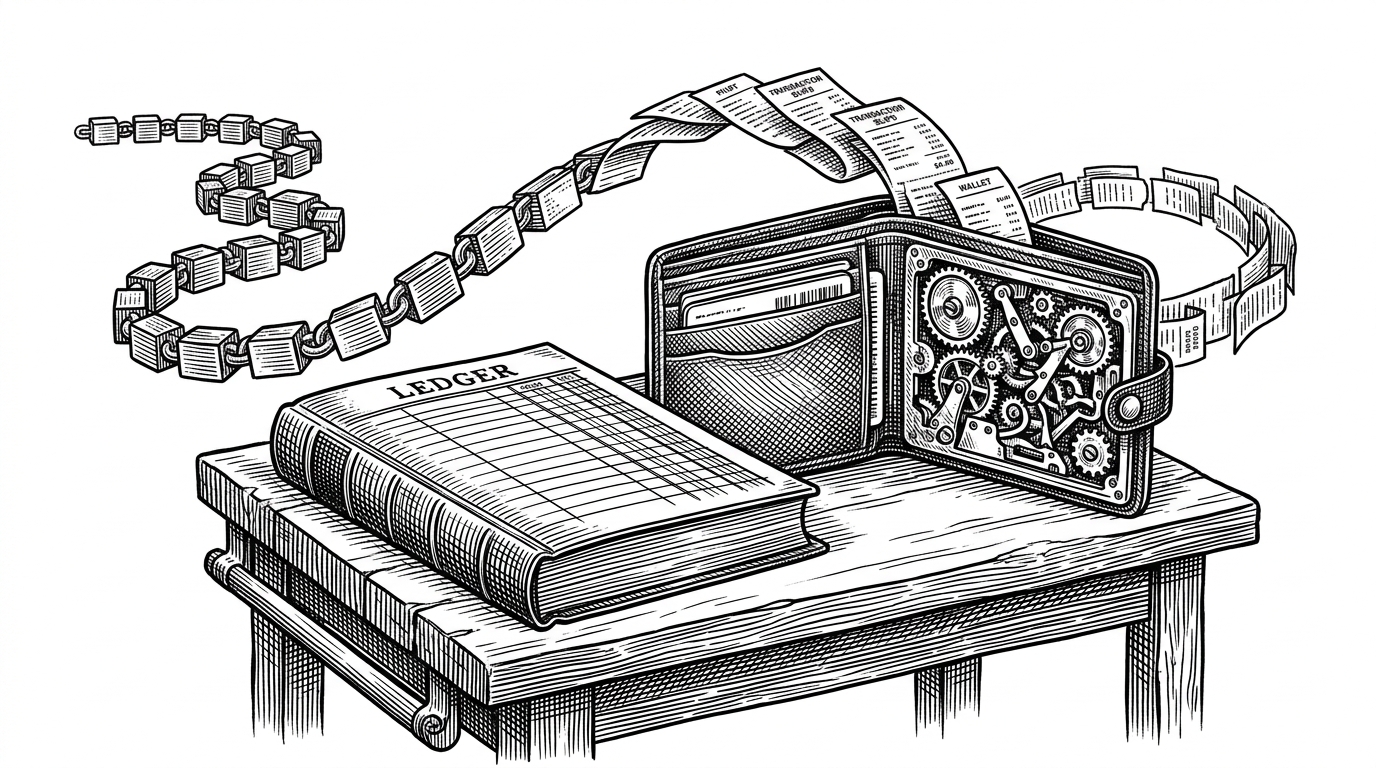 A ledger and a wallet sit side by side on a workbench, while transaction slips move between them in a chain. The wallet looks less like a container and more like a device that reconstructs its state from history, which is the central idea the article explains.
