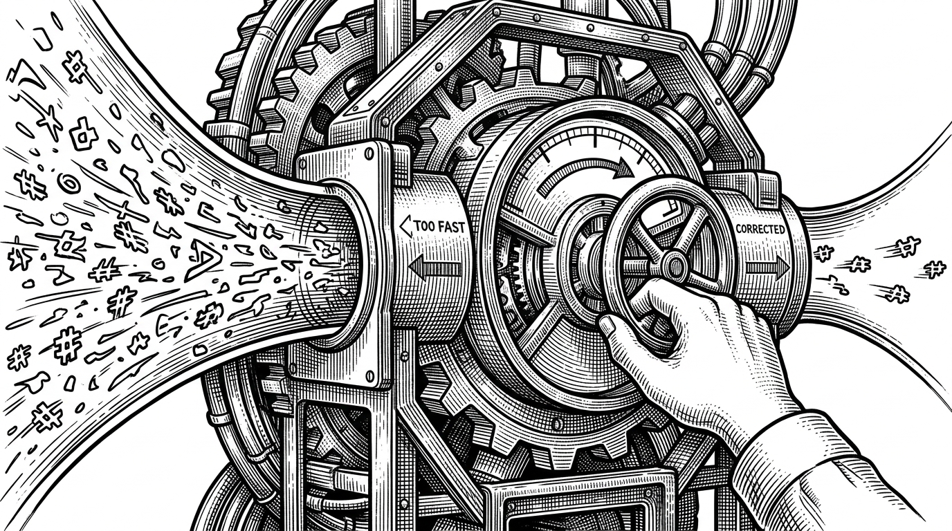 A close-up mining machine presses against a narrowing steel seam while a gauge tightens beside it. The image explains how difficulty adapts over time, so the chain keeps block production near its target rate instead of letting mining run too fast or too slow.