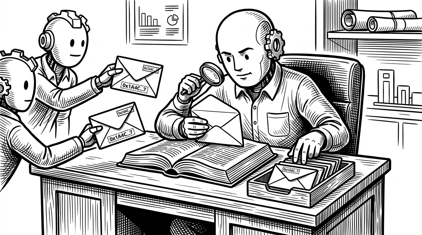 A single node at a desk receives matching sealed envelopes from several neighboring nodes and checks them against a rulebook before filing one away. The scene explains that network sync is not magical consensus, but repeated validation of incoming state.