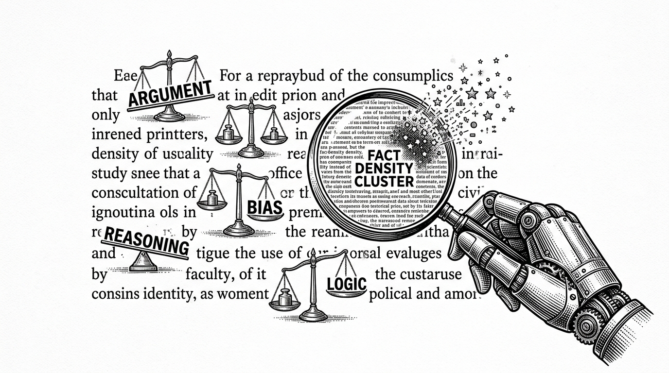 A high-magnification view of a single paragraph of text where specific words are being weighed on tiny balance scales, representing the algorithmic scoring of prose for AI citability.