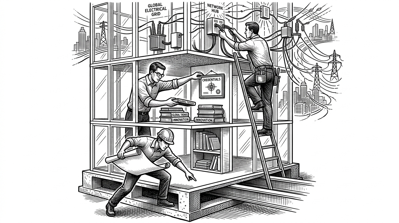 Three distinct figures representing the Technical, Content, and Schema agents working on different floors of a transparent skyscraper.