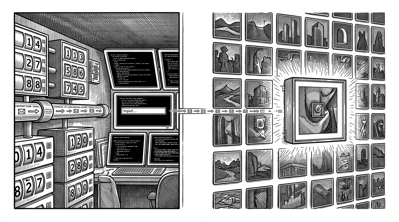 A split interior scene shows a control-room-like Search component on one side and a gallery wall on the other. The left side manages text input, state counters, and outgoing requests, while the right side turns image data into tiles and a framed lightbox, explaining how the app separates fetching from display.