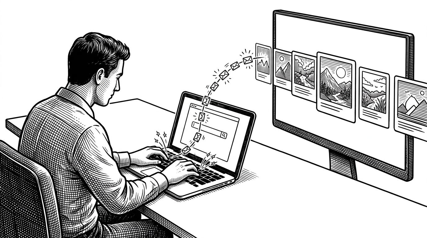 A person typing into a search box that is tethered to a row of image cards by a taut stream of sparks and envelopes. The scene shows every keystroke traveling outward into fresh results, explaining the app’s immediate live-search feel and the hidden cost of constant requests.