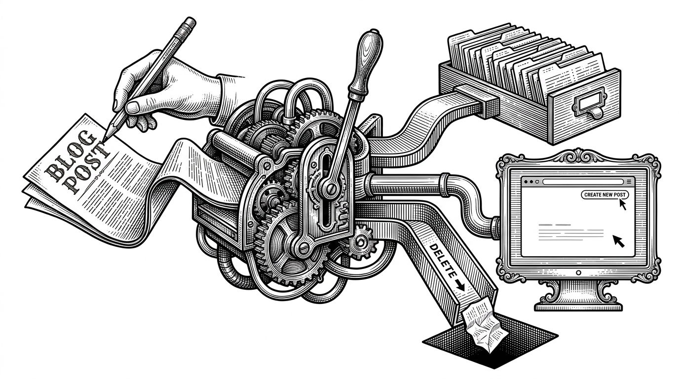 A folded paper blog post feeds into a mechanical sorting press, where gears and levers split the flow into indexed cards, a delete chute, and a return path to a clean browser window. The scene explains how the app turns user input into normalized Redux state and then back into rendered screens.
