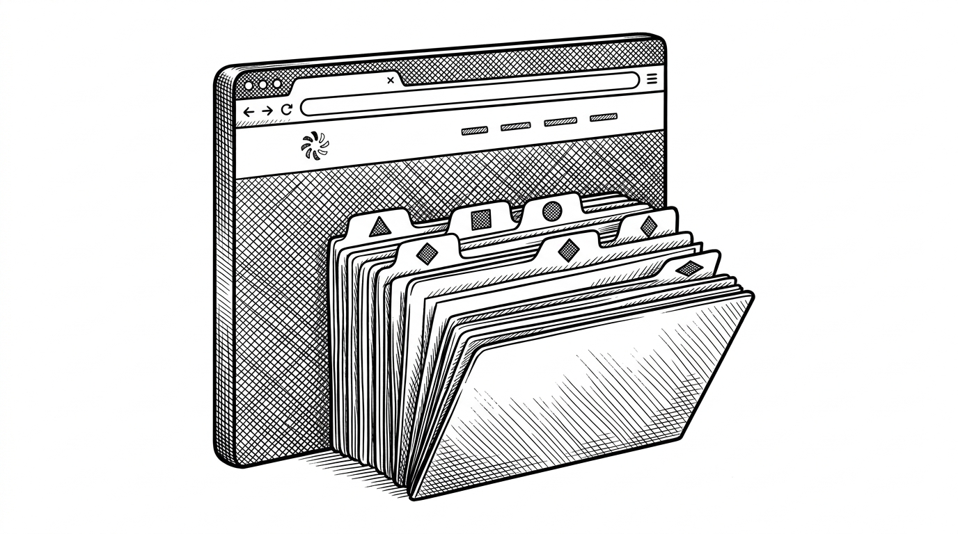 A wide editorial illustration shows a browser window staged like a sales deck, with a polished portfolio interface rising from a stacked set of cards and a small spinner-like emblem in the header. It explains the article's main idea: the site is designed to persuade as much as it is designed to present work.