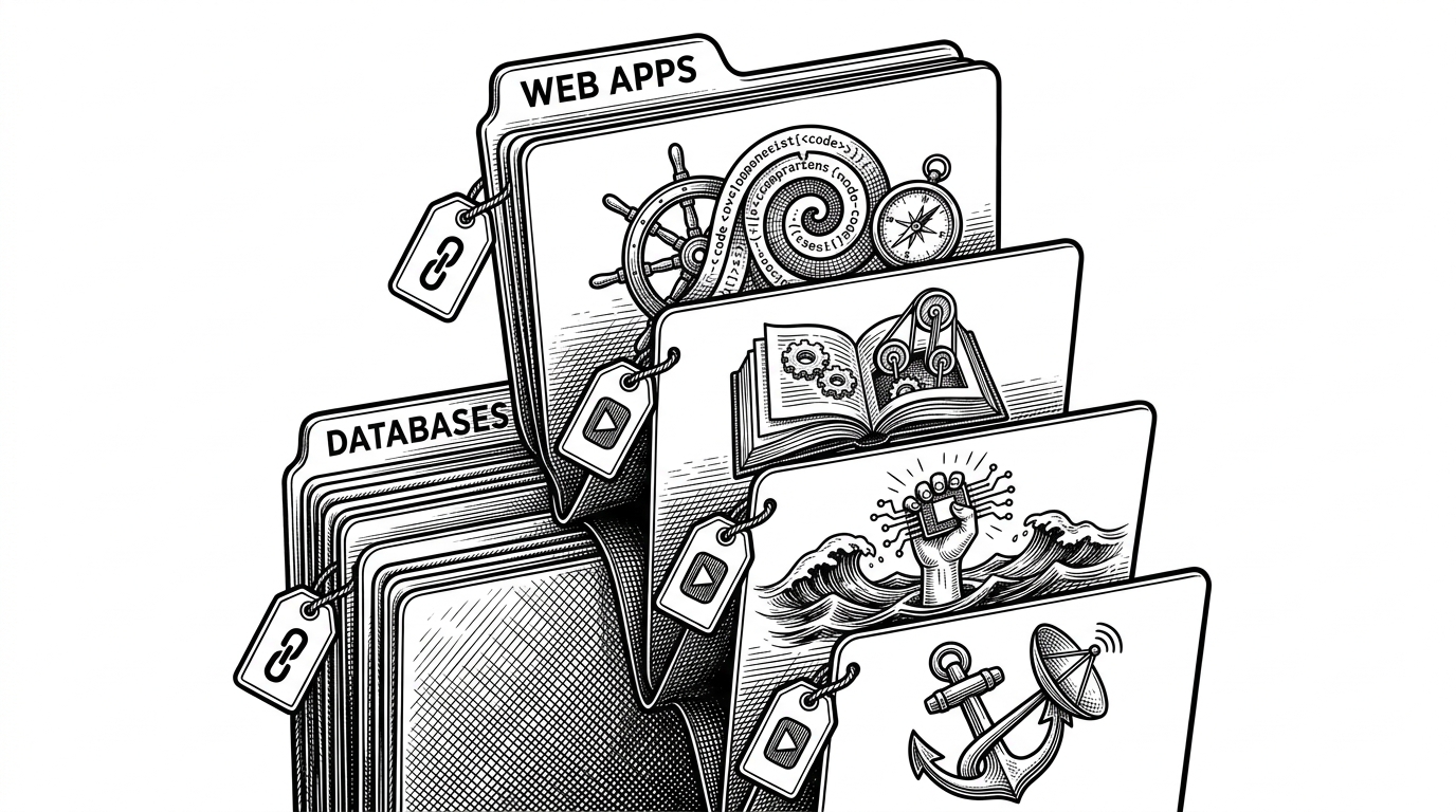A close-up editorial illustration shows tabbed project cards shifting across a board, with one category tab lifted above the others and the cards beneath it arranged like evidence tiles. It explains how filtering turns the project gallery into a guided proof system rather than a decorative grid.