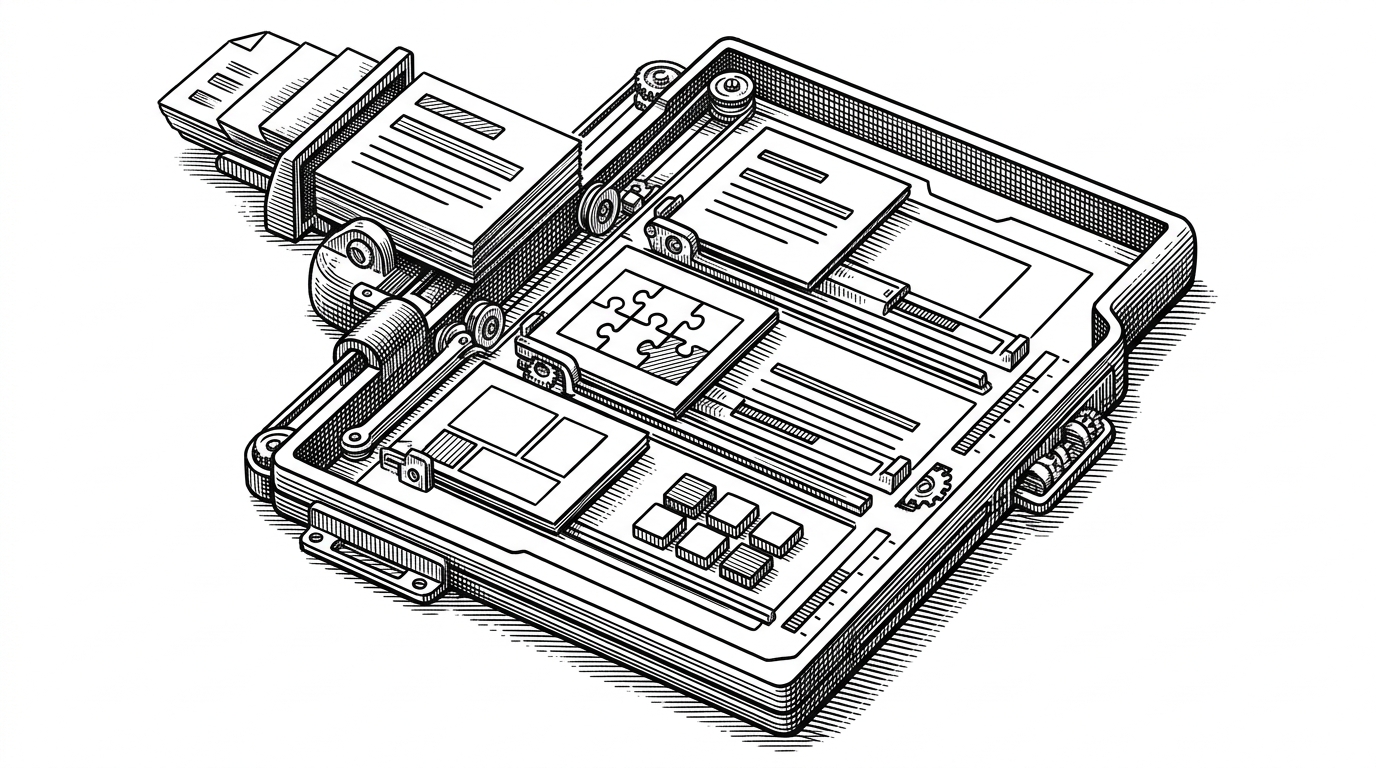 A medium-close editorial illustration shows index cards feeding into a framed résumé page. Each card represents a section such as experience, education, or skills, and the cards slot into a clean layout engine with visible alignment guides. It explains how the repo turns background information into structured UI.