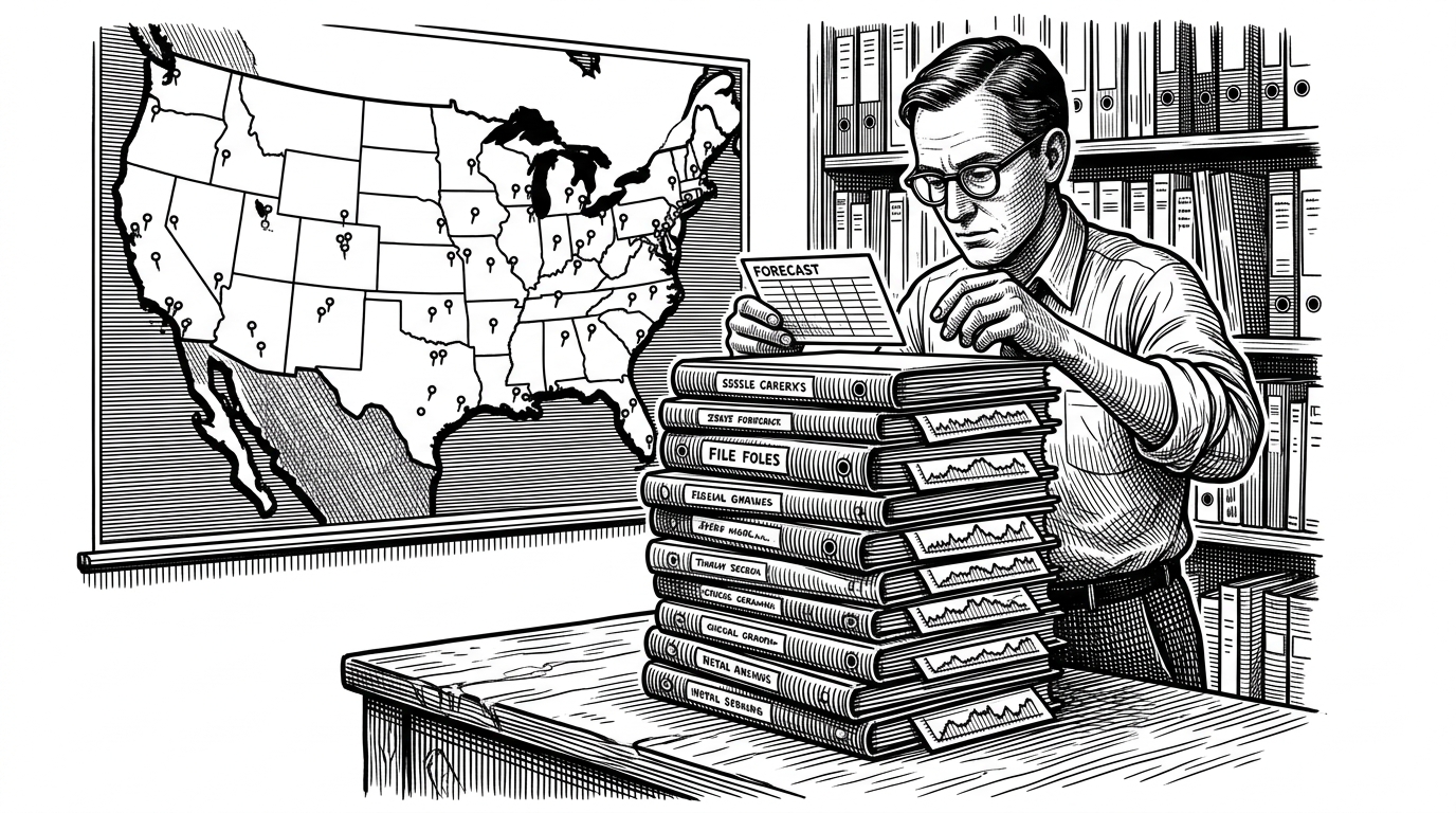 An editorial scene of a weather clerk dropping fresh city forecast cards onto the top of a stacked archive. Tiny sparklines peek from the file edges while a wall map shows multiple pinned cities. It explains how the app turns one search into a durable comparison ledger.
