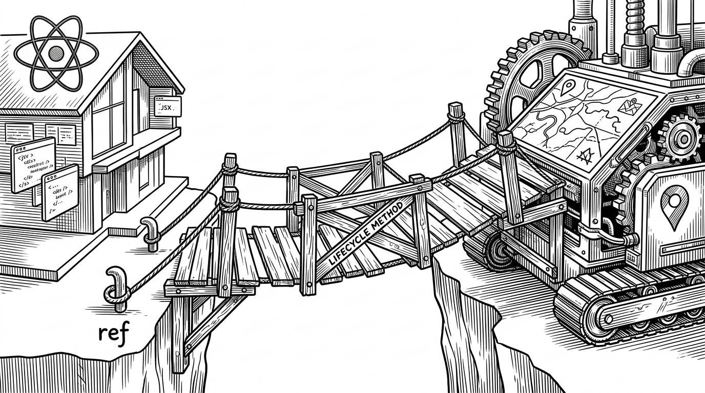 A hand-built bridge connects a neat React house to a heavy industrial map machine. The bridge is made of a ref and a lifecycle method, showing how imperative code can still enter a declarative app. It explains the old-school pattern used to mount Google Maps into React.