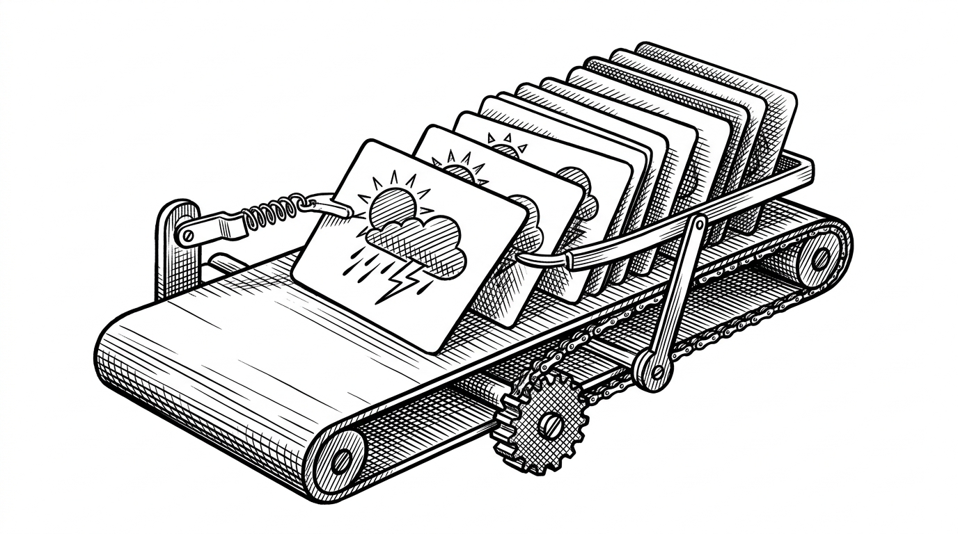 A close-up of a single forecast card landing on a conveyor that routes it to the front of a stack. Older cards slide backward in order, making the prepend logic visible as a physical mechanism. It explains why the latest city appears first without deleting the past.