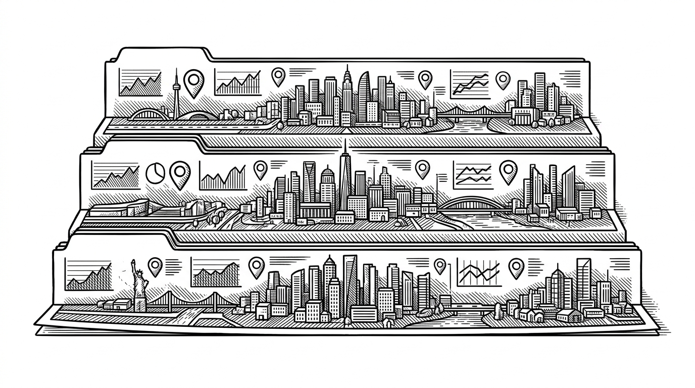 Three city rows laid out like filing strips, each carrying tiny line charts, a location marker, and compact labels. The composition shows how the dashboard turns a dense weather response into something you can compare at a glance. It explains the value of sparklines and a map anchor together.