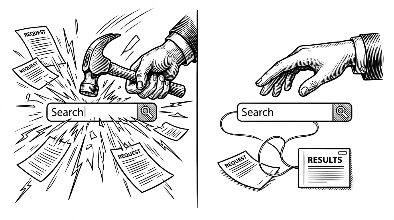 A split editorial scene shows the same search action two ways. On the left, a hand hammers a search box and sprays many request slips into the air. On the right, the hand pauses and a single clean thread connects input to request and result. The image explains why debounce matters more than raw typing speed.