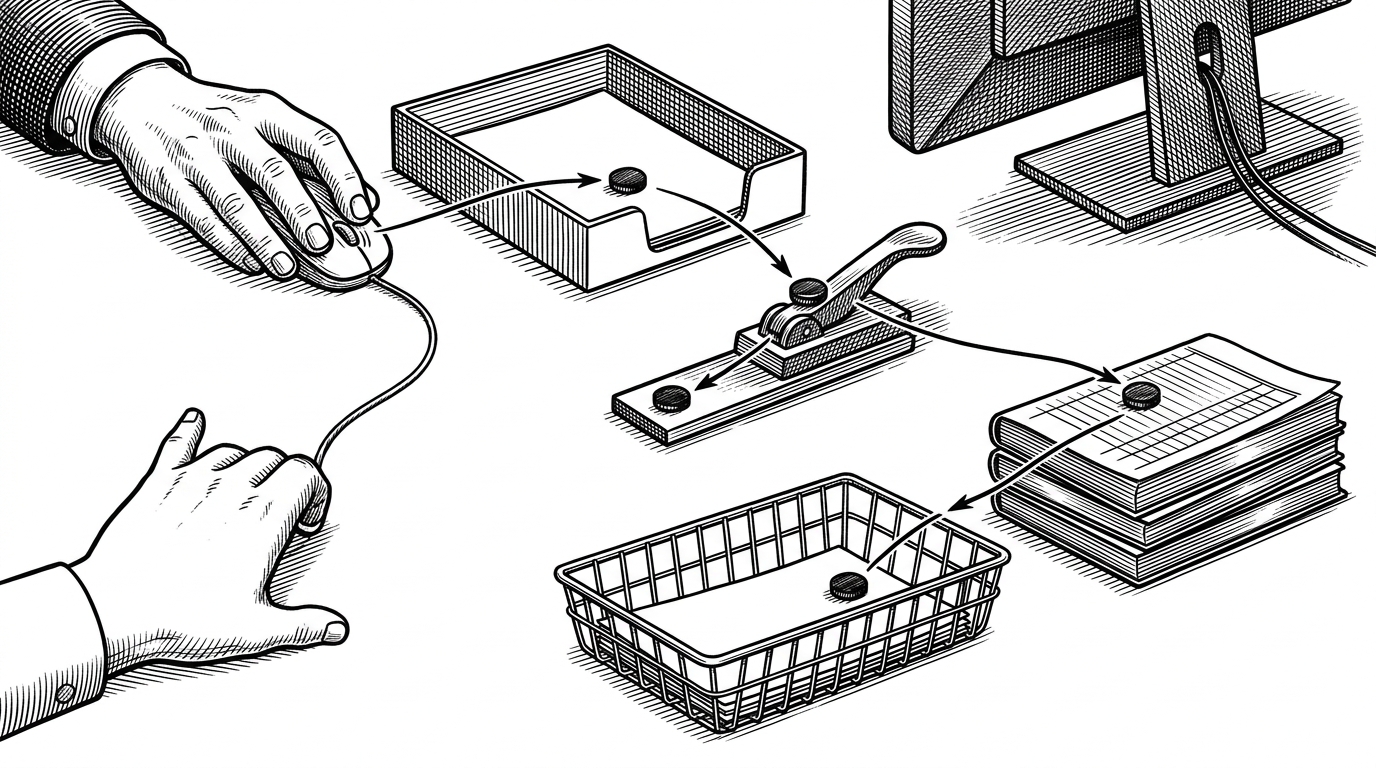 A hand presses a mouse button on a stark white desk, and a small black token begins moving through a sequence of five separate stations that hand it onward. The scene explains that one selection in redux-booklist is not a jump straight to the screen, but a disciplined route through action, reducer, store, and container.