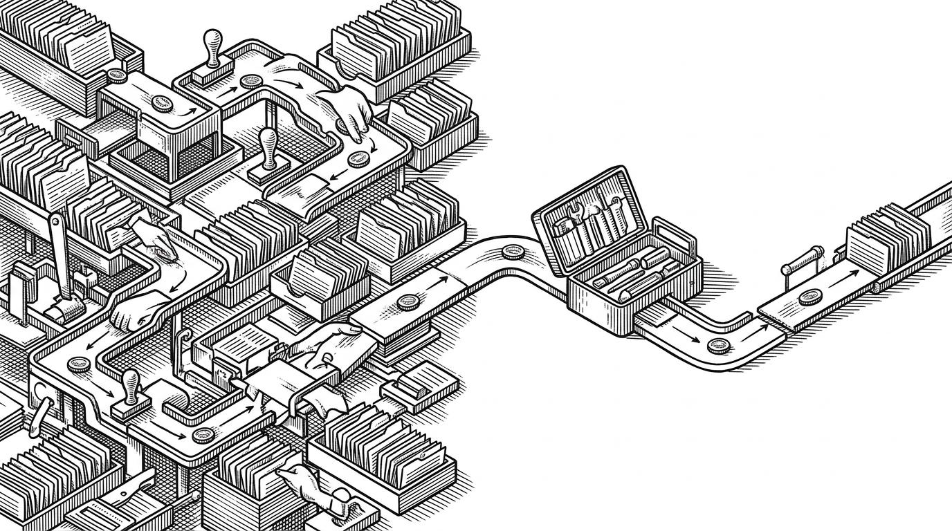 The left half shows a dense relay of trays, stamps, and levers moving a token step by step. The right half shows the same token reaching its destination through a compact toolkit with far fewer visible parts. It explains the tradeoff between classic Redux ceremony and the compressed wiring of modern Redux patterns.