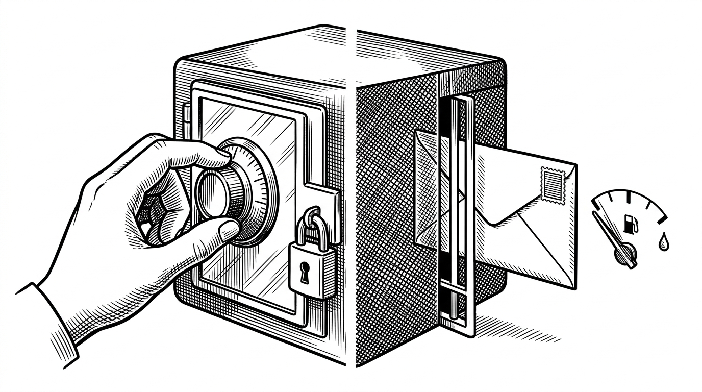 A close-up split scene shows a hand reading from a glass dial on one side and a stamped envelope passing through a gate on the other. The image explains why contract reads and contract writes follow different rules, even when they hit the same contract.