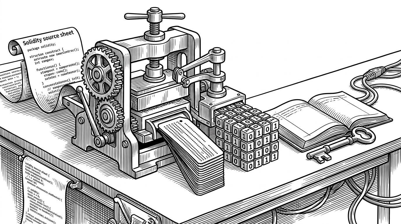 A workbench scene shows a Solidity source file feeding a central compiler press that stamps out two different outputs, then a wallet key and chain ledger sit to the right. The image explains that contract development is a pipeline, not a single deploy button.
