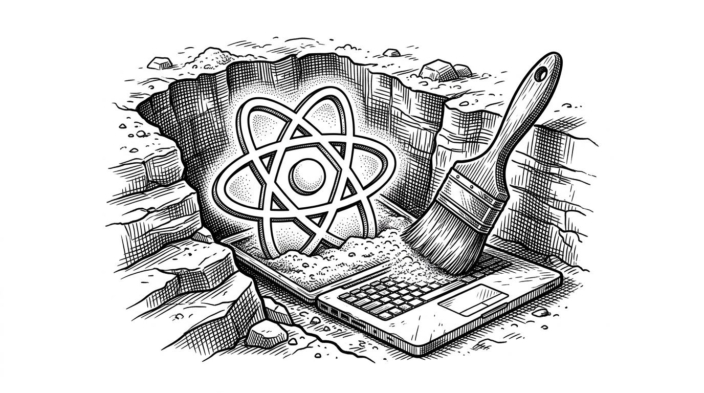 An archeologist's brush sweeping dust off a glowing React logo buried in rock strata.