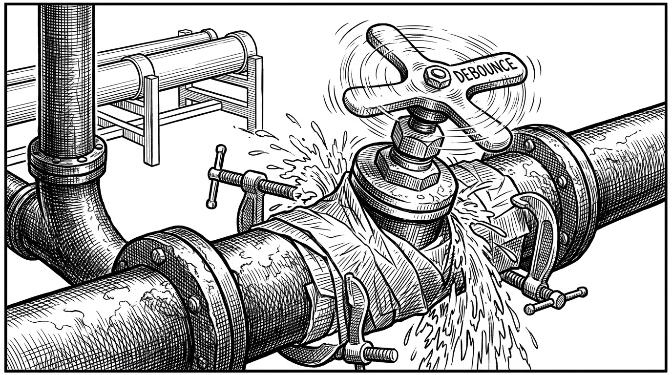 A heavy cast-iron pipe with a vibrating valve labeled DEBOUNCE attached with duct tape.
